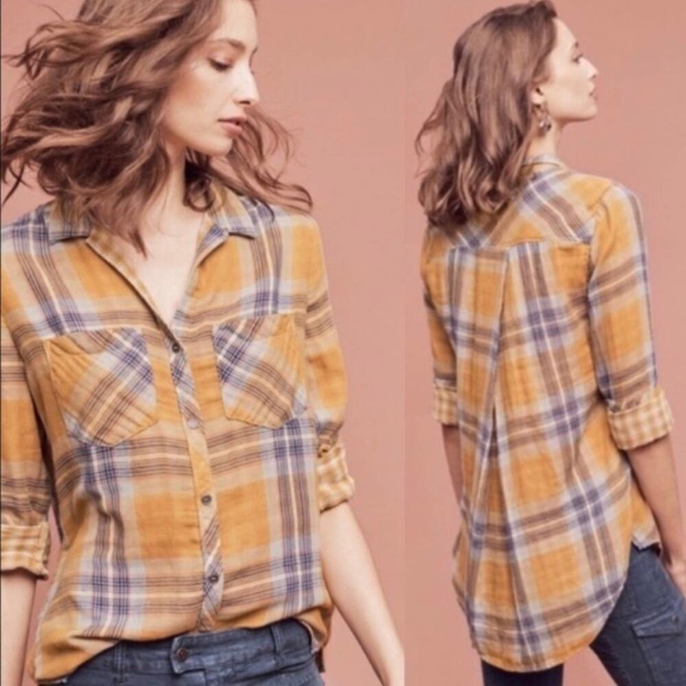 Anthro Cloth & Stone Button Up Collared Shirt Plaid Flannel Style Brown Blue XS